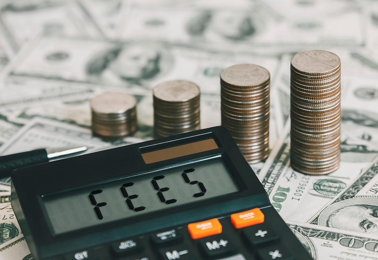 Calculator with the word fees on it