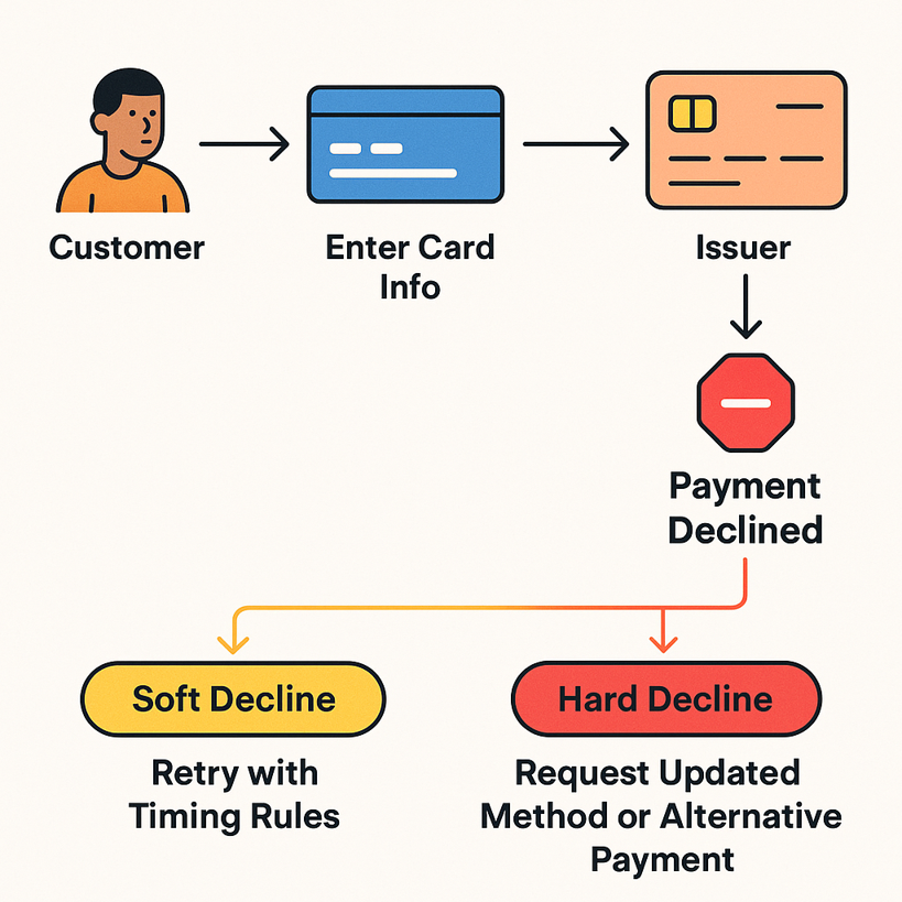 Flowchart of a card payment from checkout to issuer approval or decline