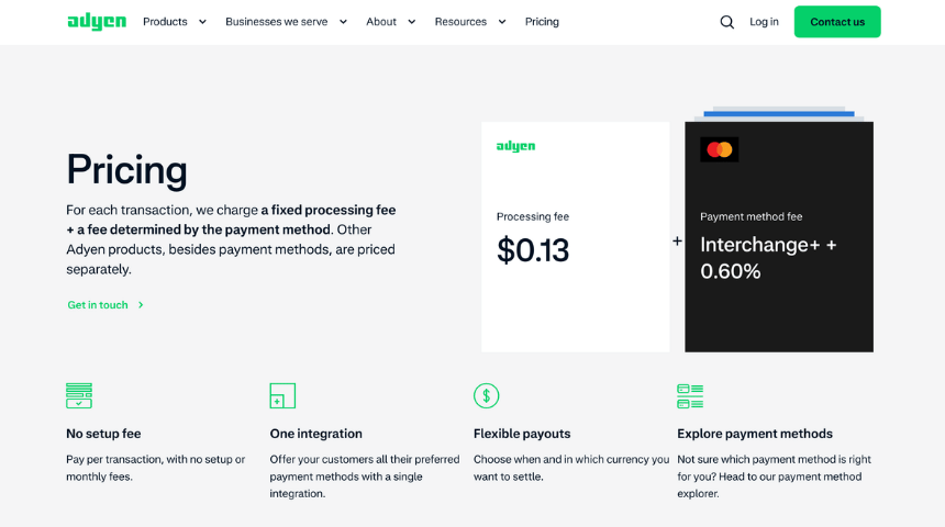 Adyen pricing page showing Interchange++ pricing structure
