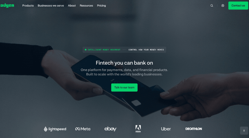 Adyen homepage showing unified commerce payment platform