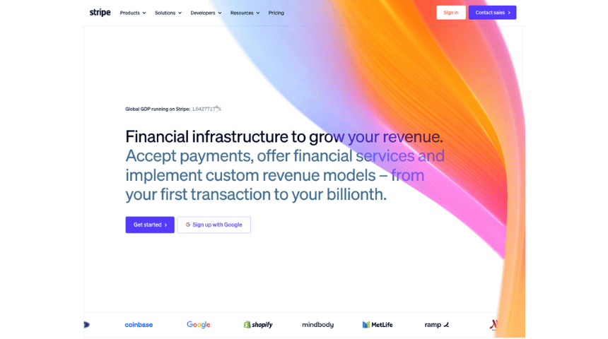 Stripe homepage showing payment processing platform overview